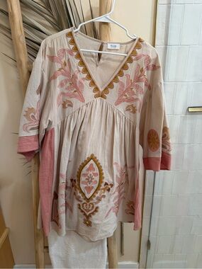 Pink Embroidered V-Neck Peasant Mini Dress
